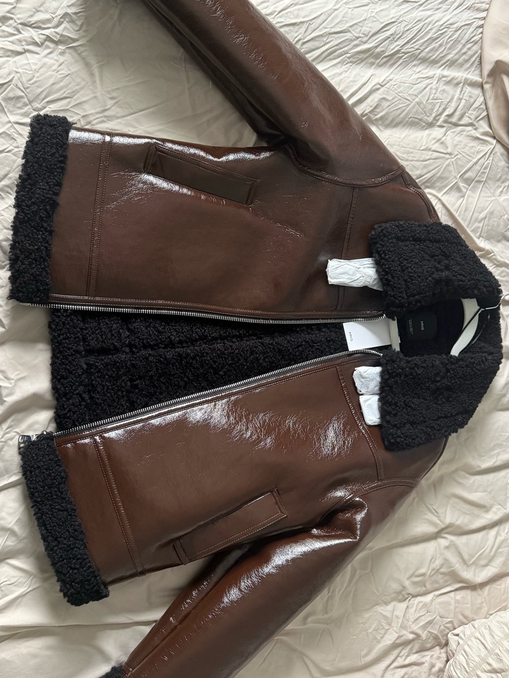 Mango Brown Leather Jacket with Black Shearling Trim